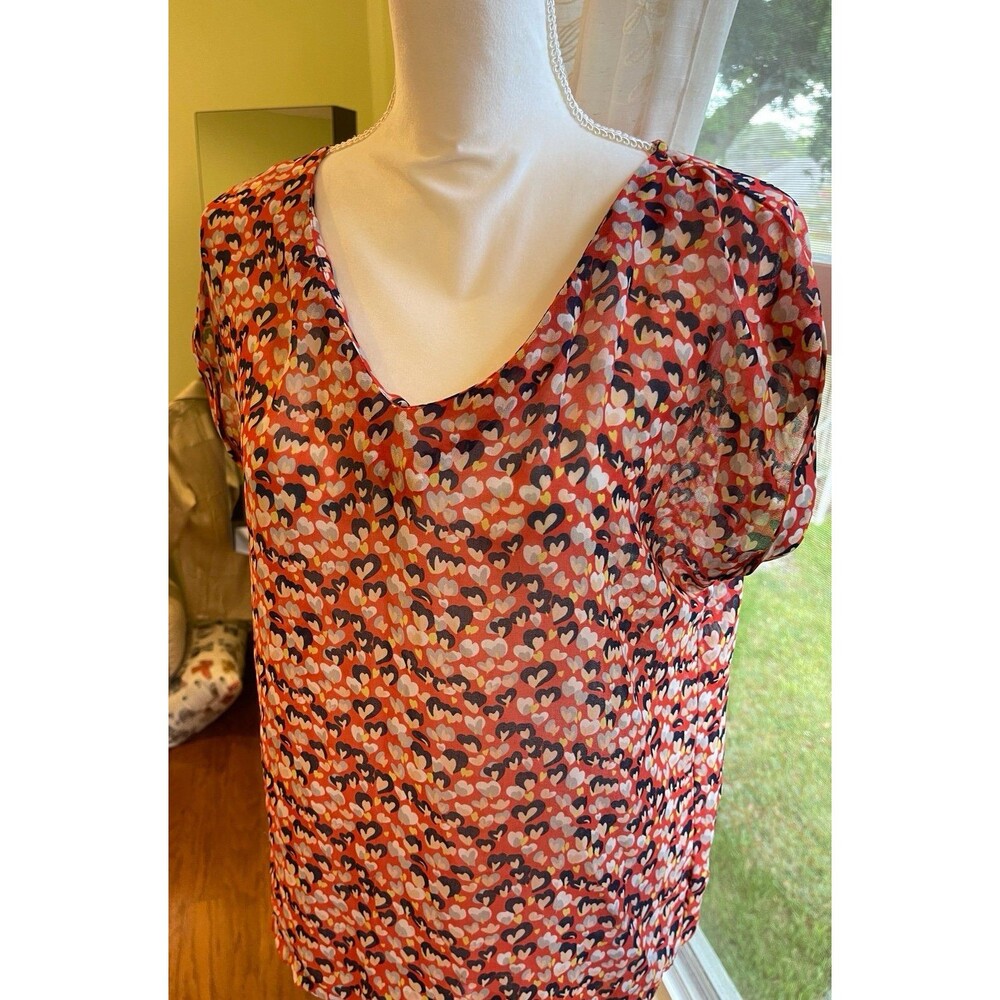 Louche Top Hearts Semi Sheer Shirt Whimsy Short Sleeves Heart Print Size S